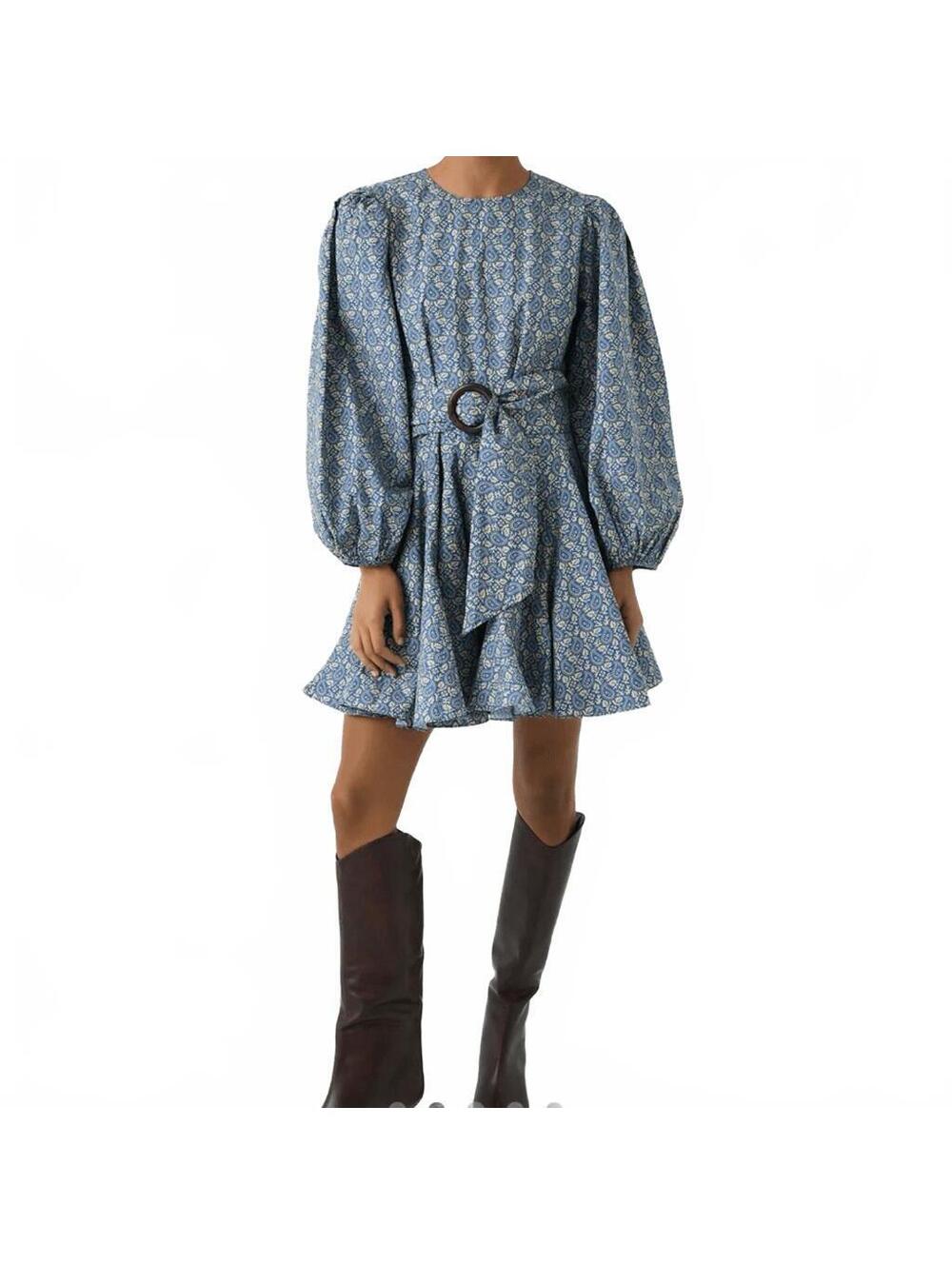 Rhode Jenny Dress Blue Paisley Garden Cotton Mini puff Sleeve Vintage Trapeze XS